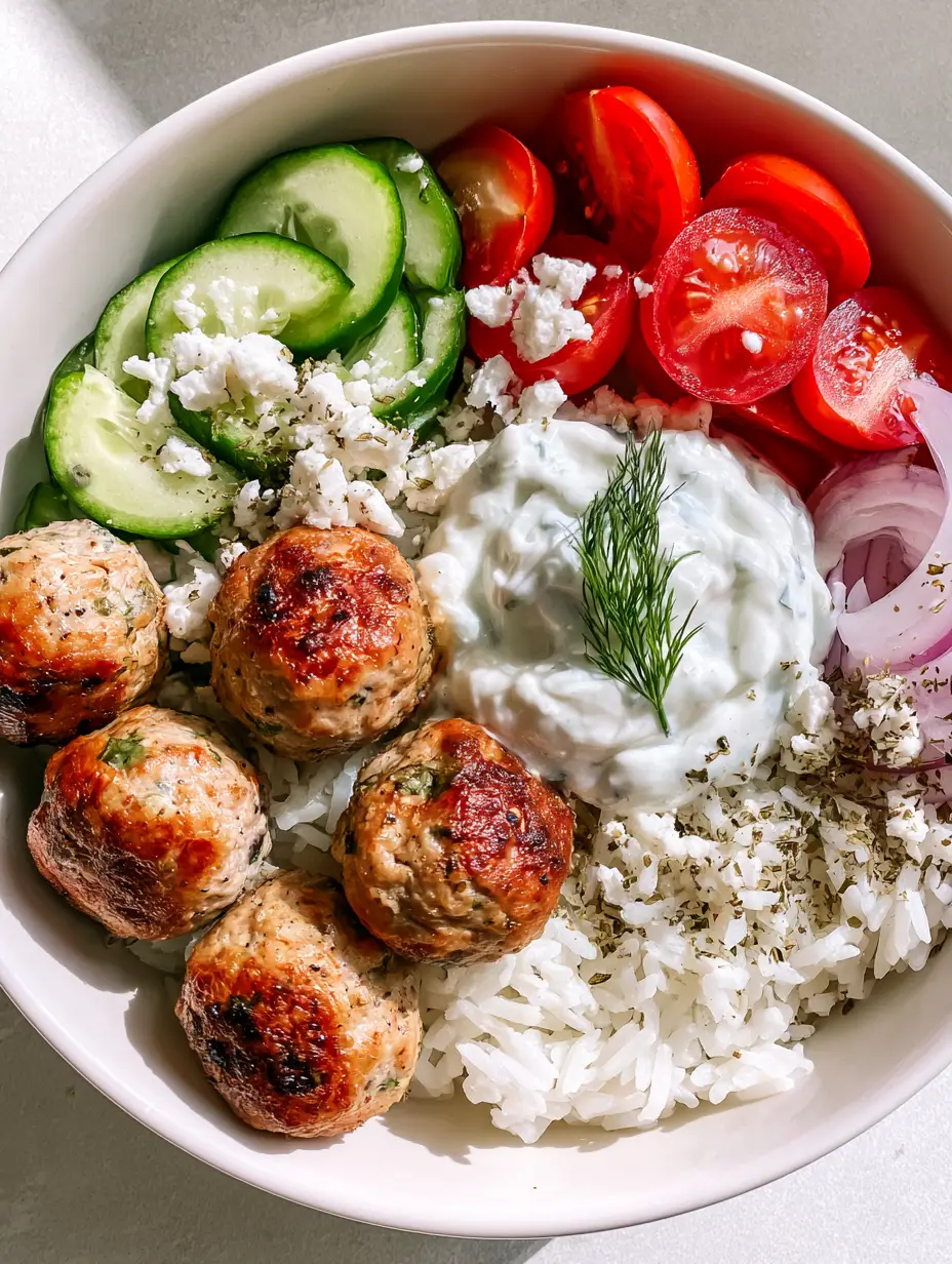 Close up shot of golden-brown seared meatballs in Greek Turkey Meatball Bowls. (Greek Turkey Meatball Bowls)