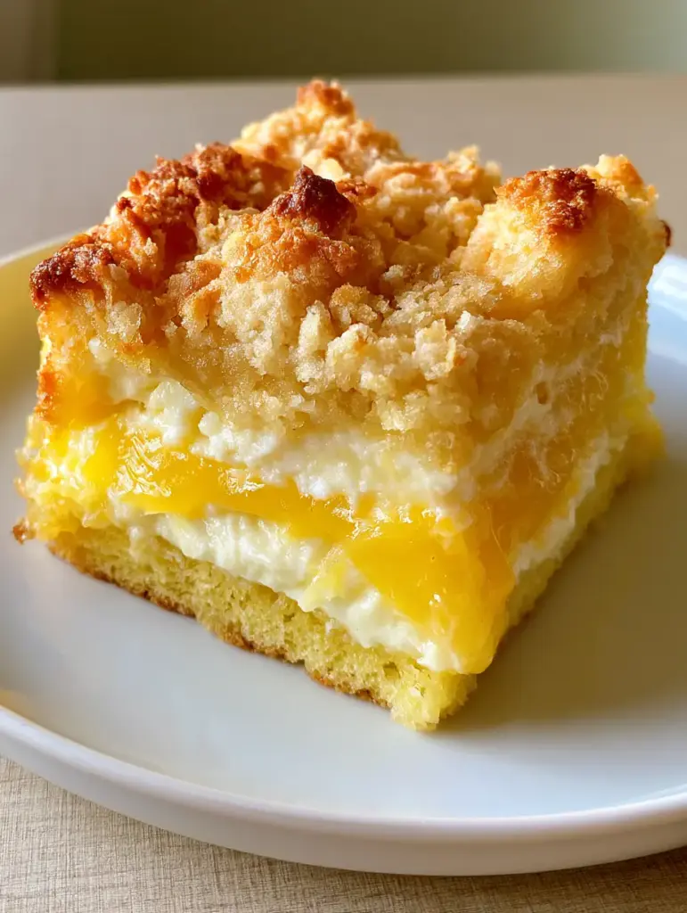Lemon Cream Cheese Dump Cake with Buttery Crumble Crust 1 Close-up of the toasted yellow cake mix peaks on top of a Lemon Cream Cheese Dump Cake slice.