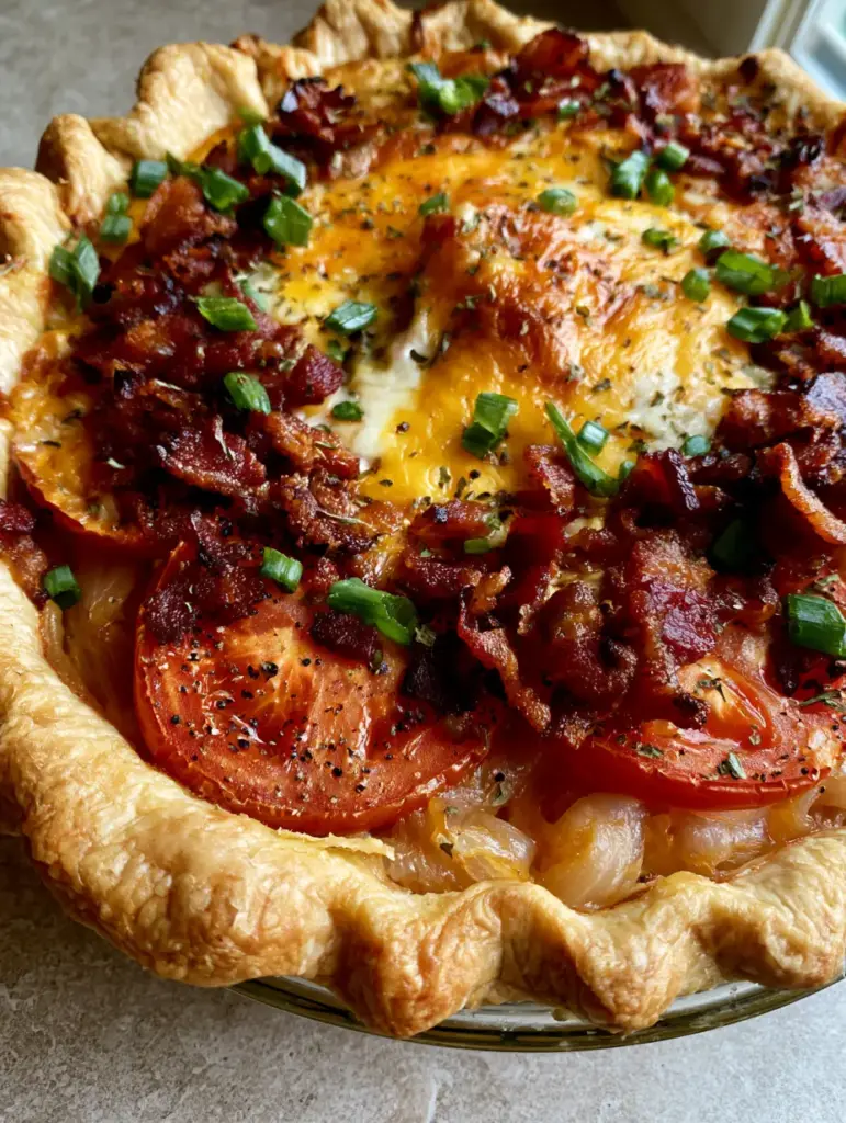 The bubbly and charred cheese topping of a Southern Tomato Pie with Bacon garnished with scallions.