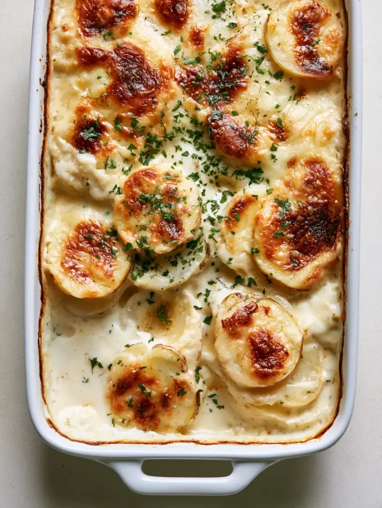 Delmonico Potatoes: The Ultimate Creamy Cheese-Crusted Casserole 1 Baked Delmonico Potatoes with significant golden-brown toasted patches and bubbly, charred cheese edges.