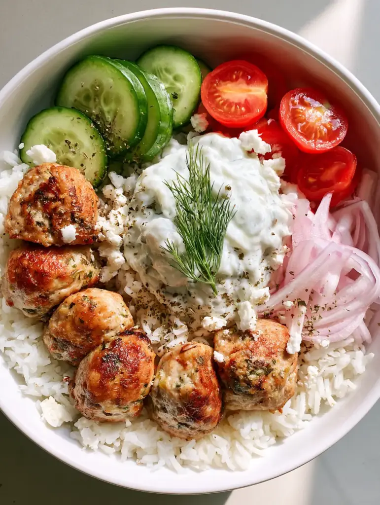A white bowl filled with Greek Turkey Meatball Bowls ingredients including feta, dill, and tzatziki.