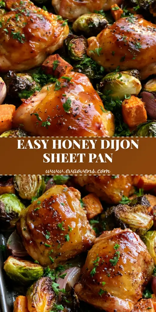 A top-down smartphone photo of Sheet Pan Honey Dijon Chicken featuring glossy glazed thighs, charred brussels sprouts, and caramelized sweet potatoes on a dark metal tray.