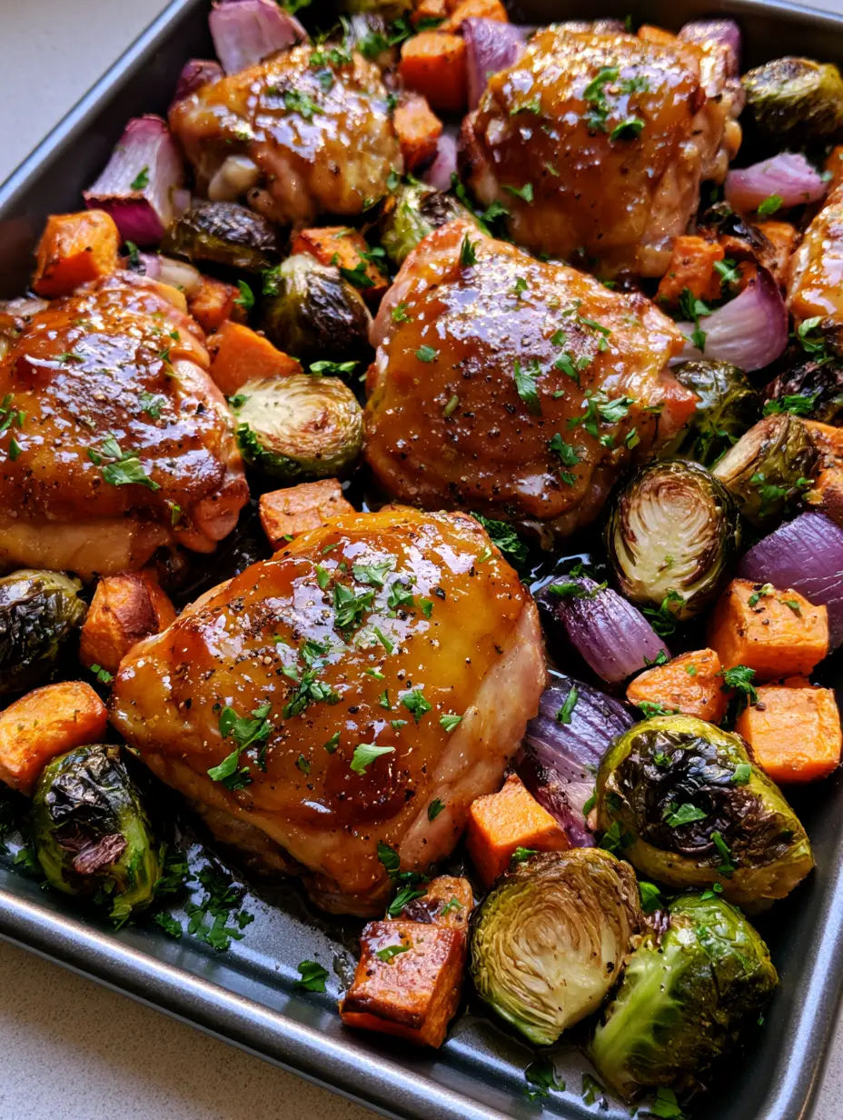 Close up view of glossy honey dijon chicken skin and charred brussels sprouts on a sheet pan. (Sheet Pan Honey Dijon Chicken)