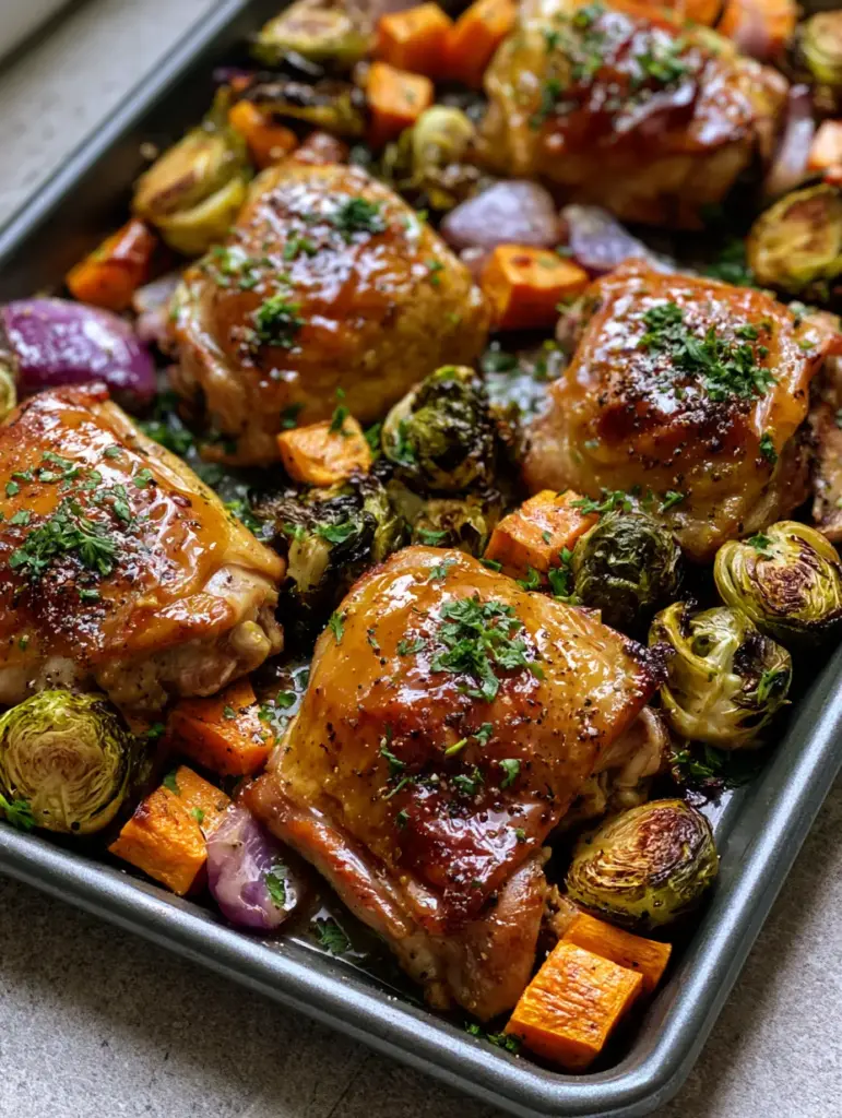 Overhead view of a full sheet pan containing honey dijon chicken, red onions, and sweet potatoes.