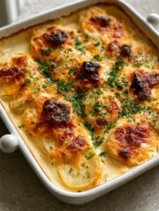 Close-up of overlapping potato slices submerged in creamy cheese sauce. (Cheesy Scalloped Potatoes)
