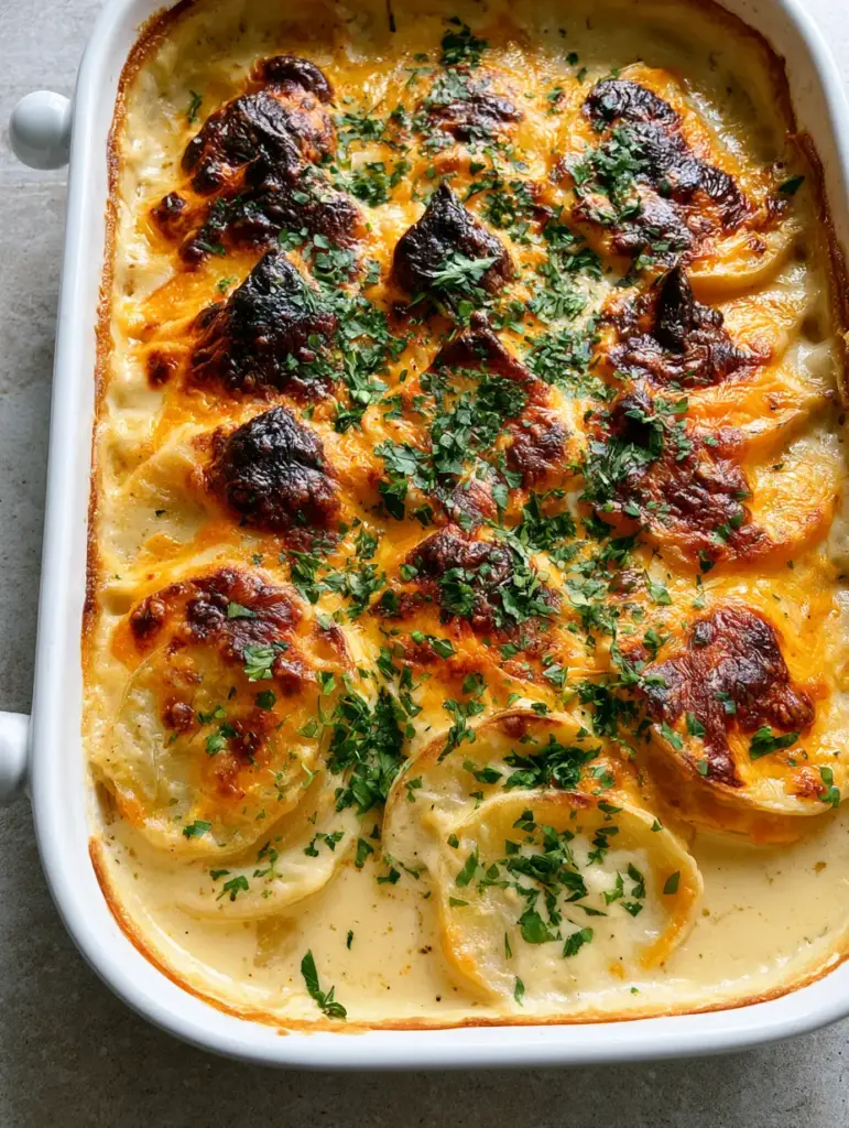 Cheesy Scalloped Potatoes with Blistered Mozzarella and Sharp Cheddar 1 Blistered mozzarella cheese peaks on top of Cheesy Scalloped Potatoes in a white rectangular dish.
