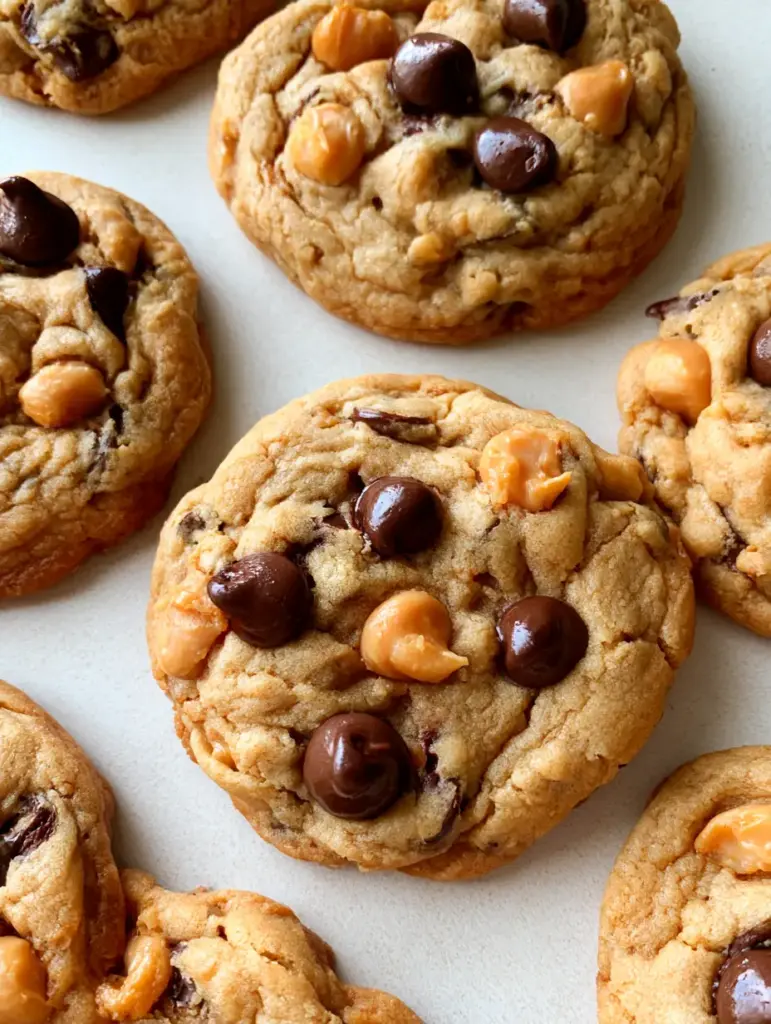 Thick soft-baked Butterscotch Chocolate Chip Cookies scattered on a neutral surface featuring golden-orange chips.