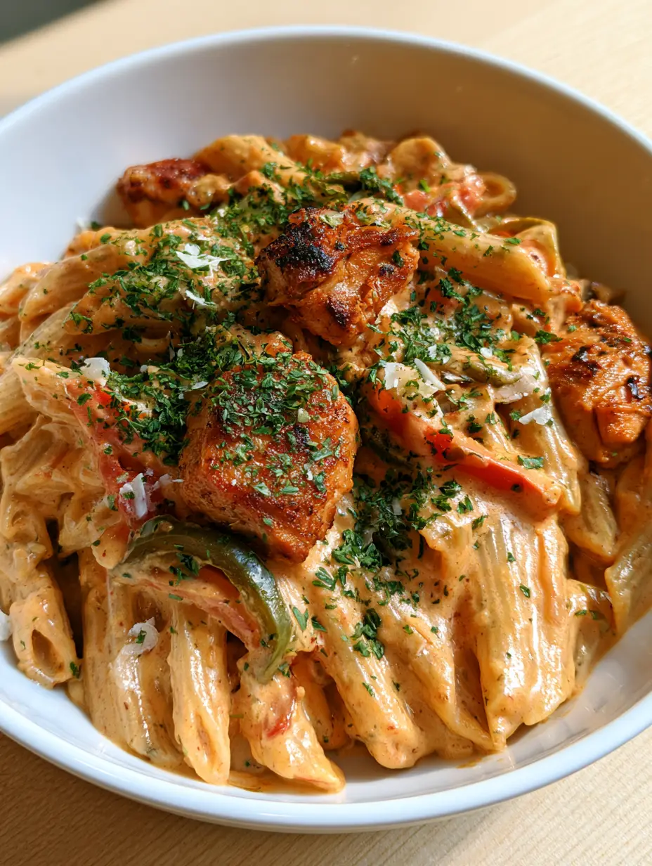 Close up of Rattlesnake Pasta showing the thick glossy orange sauce and char marks on seared chicken chunks.