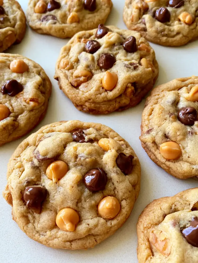 Butterscotch Chocolate Chip Cookies: The Ultimate Soft-Baked Recipe 1 Overhead view of Butterscotch Chocolate Chip Cookies showing the golden-brown crinkled surface texture.