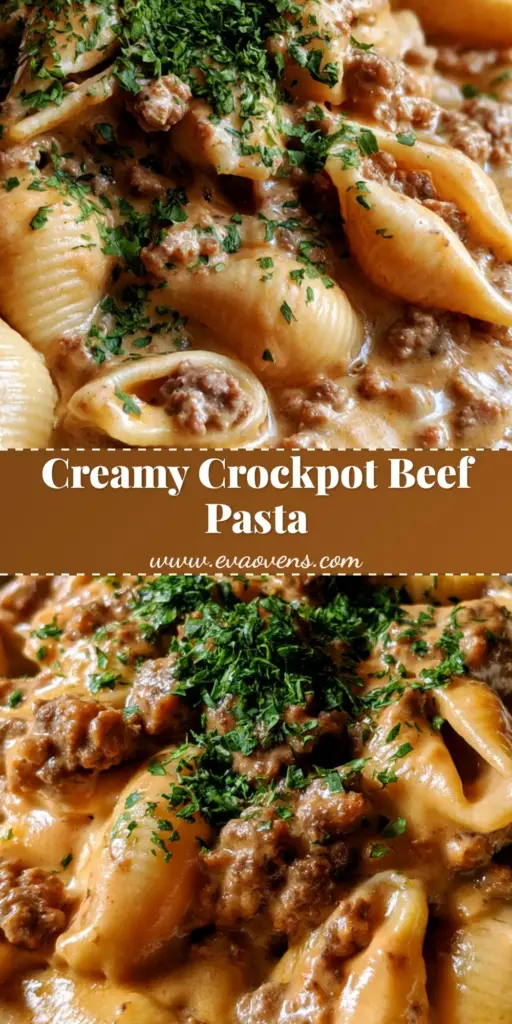 A smartphone photo of a white bowl filled with Crockpot Creamy Beef Pasta shells in a thick brown sauce with parsley.