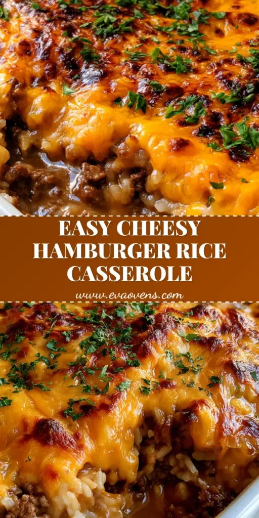 A close-up vertical shot of Hamburger Rice Casserole featuring a bubbling, toasted orange cheddar cheese crust with fresh parsley garnish.