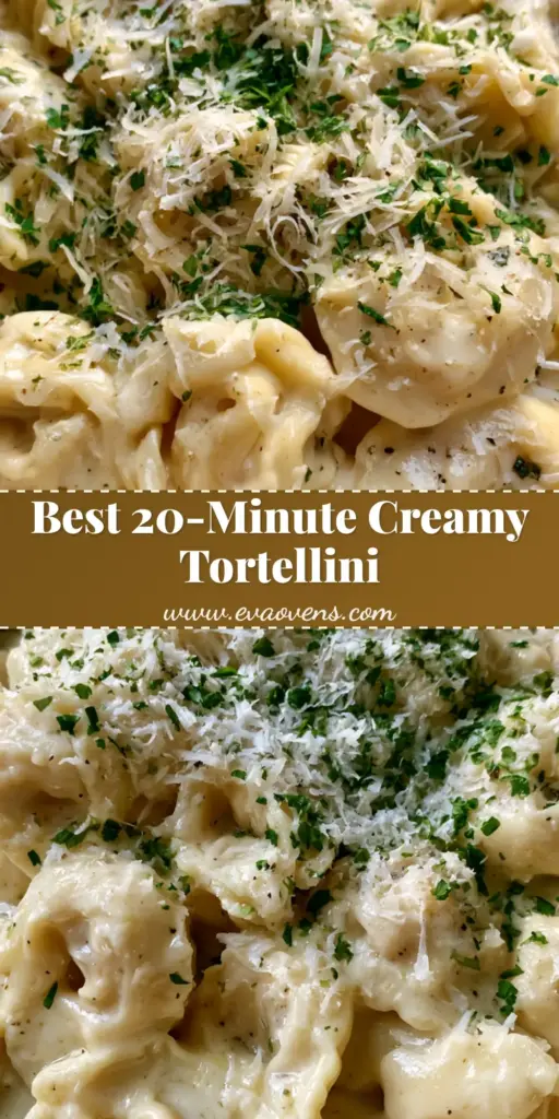 A shallow ceramic bowl of Creamy Garlic Butter Tortellini coated in a thick, glossy pale-cream sauce with heavy parmesan and parsley garnish.