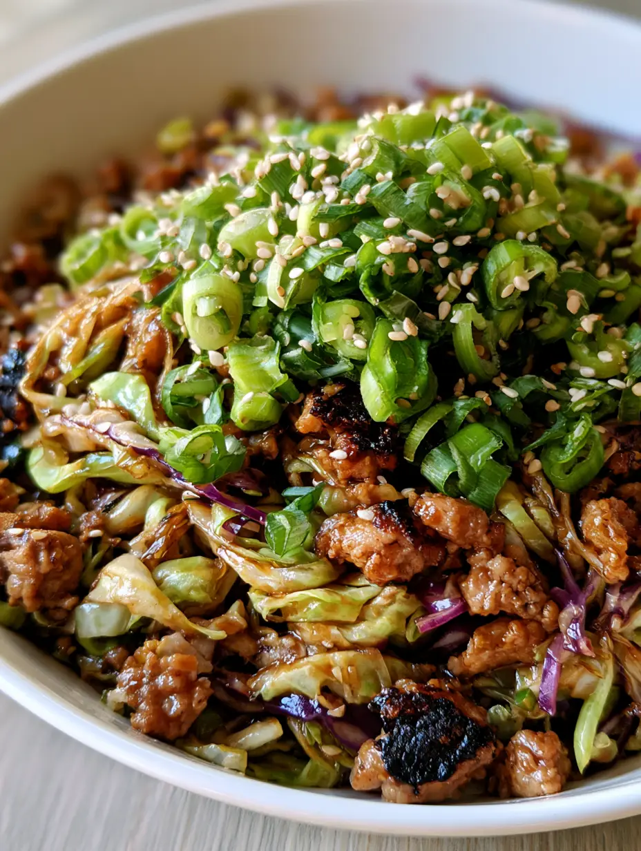 Egg Roll in a Bowl: The Ultimate 20-Minute One-Pan Healthy Dinner 4 Top-down view of Egg Roll in a Bowl showing charred ground meat bits and wilted shredded cabbage.