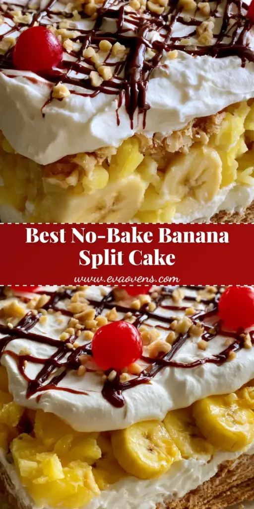 No-Bake Banana Split Cake: The Ultimate Layered Party Dessert 3 A handheld smartphone photo of a layered No-Bake Banana Split Cake in a glass dish with chocolate drizzle, walnuts, and cherries.