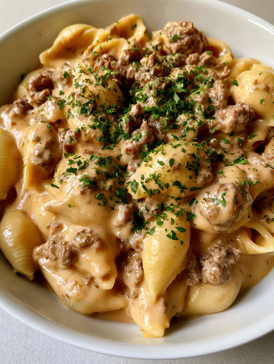 Close up photo of glossy Crockpot Creamy Beef Pasta conchiglie shells and ground beef crumbles.