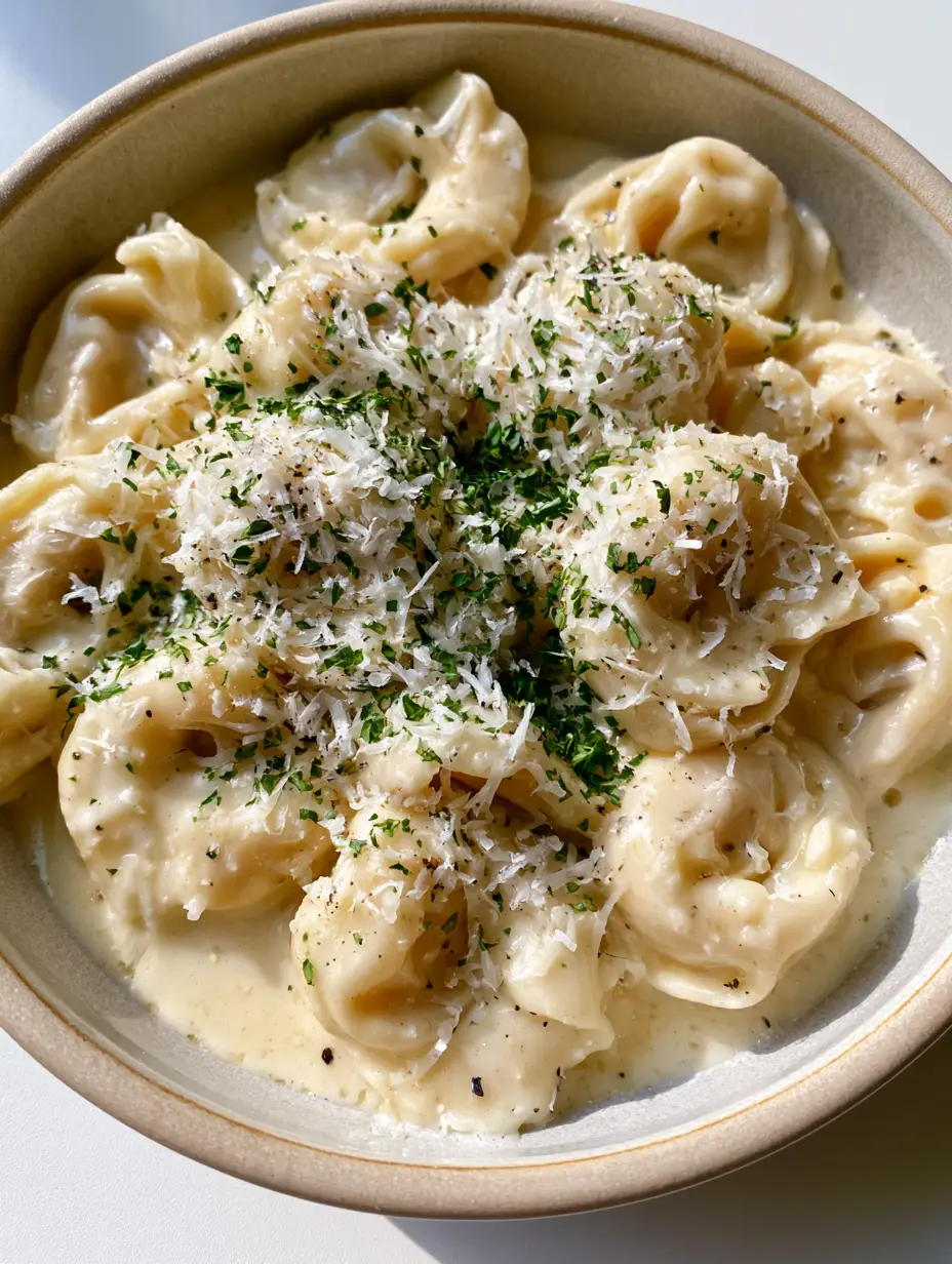 Top-down close-up of cheese-filled tortellini in a glossy garlic butter cream sauce.
