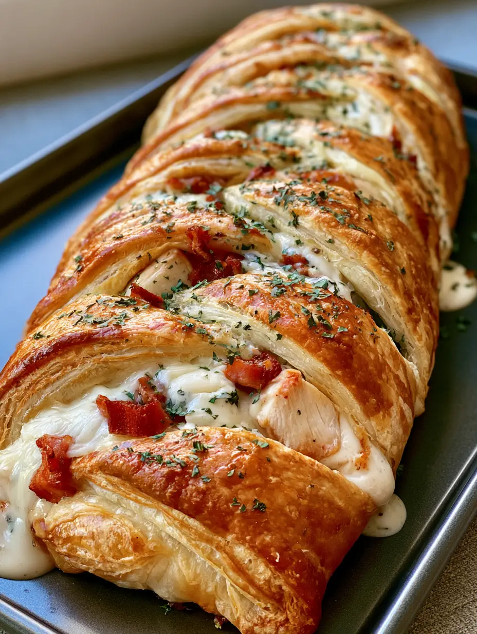 Chicken Bacon Ranch Stromboli with Flaky Braided Puff Pastry 4 Overhead view of a long braided Chicken Bacon Ranch Stromboli brushed with butter and parsley flakes.
