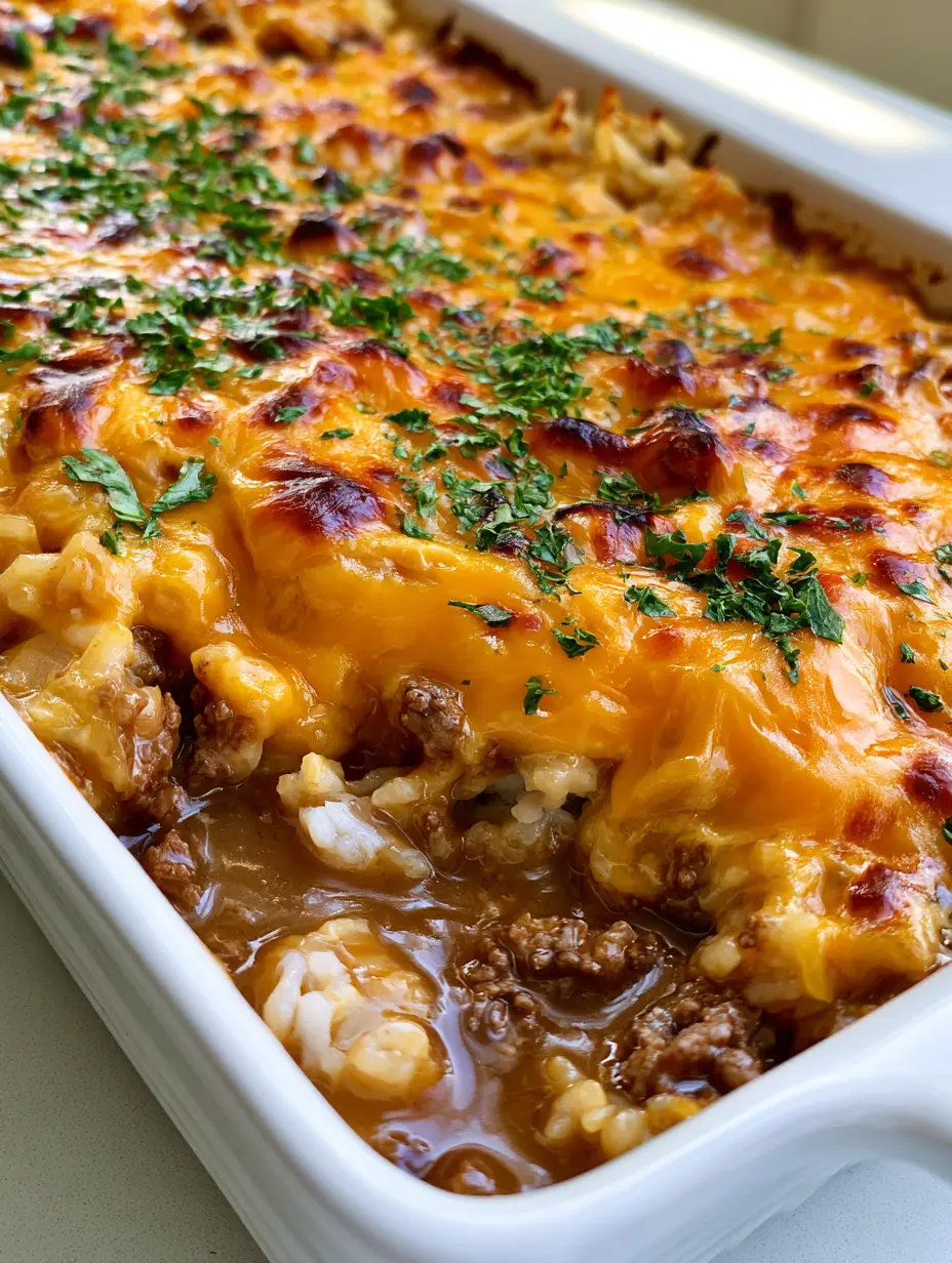 Smartphone photo of Hamburger Rice Casserole in a white dish showing beef crumbles and glossy brown gravy.