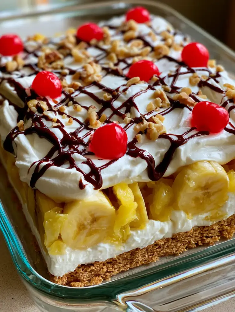 Overhead view showing the messy grid of chocolate syrup and bright red cherries on a No-Bake Banana Split Cake.