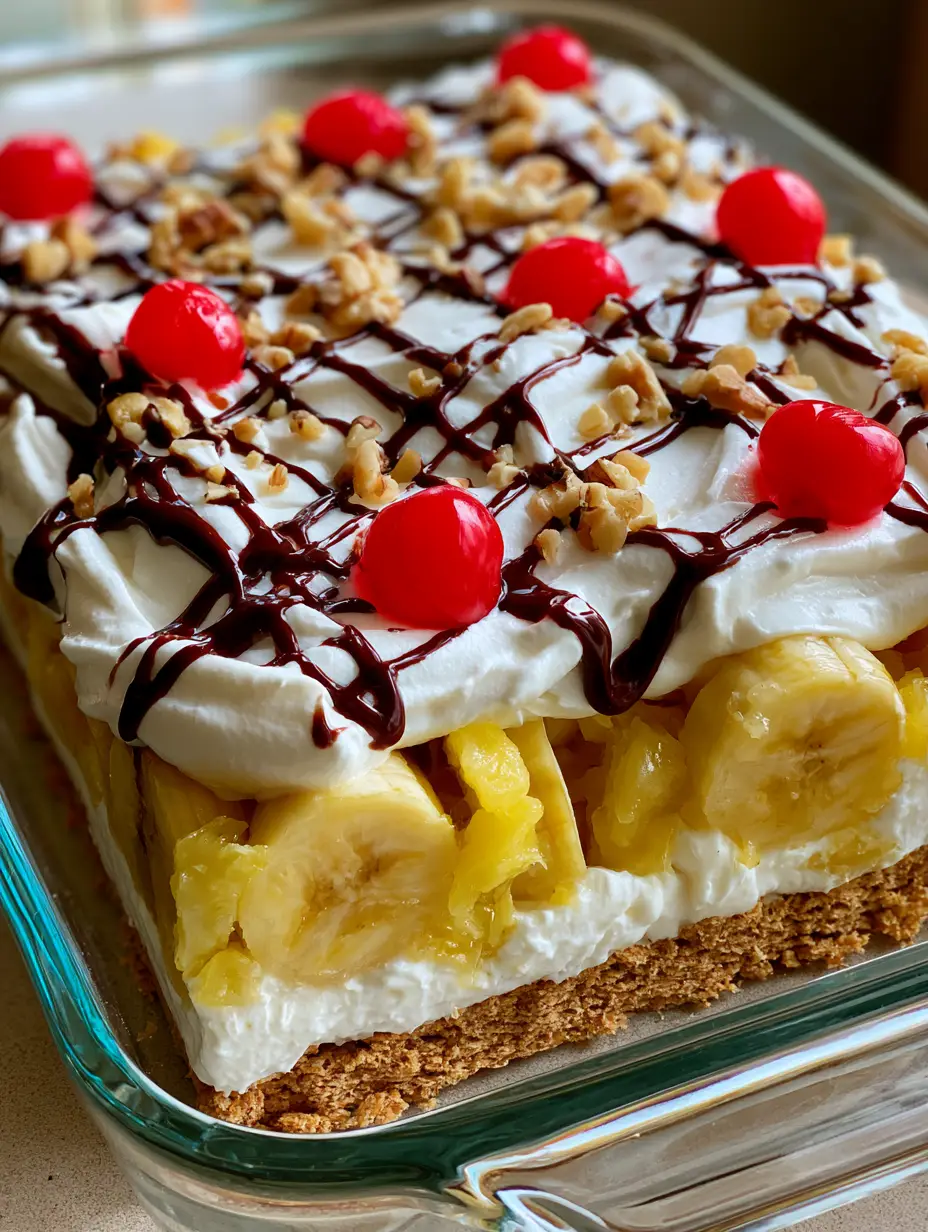 No-Bake Banana Split Cake: The Ultimate Layered Party Dessert 4 Overhead view showing the messy grid of chocolate syrup and bright red cherries on a No-Bake Banana Split Cake.