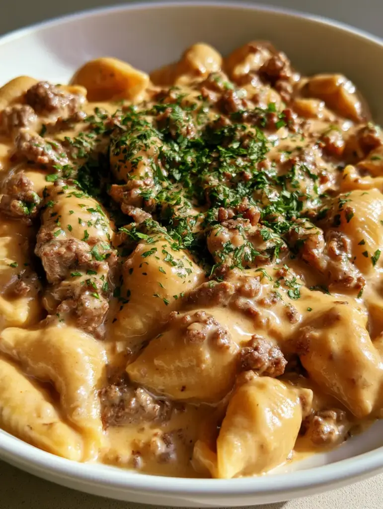 Handheld smartphone shot of a white ceramic bowl filled with beefy pasta shells and fresh green parsley.