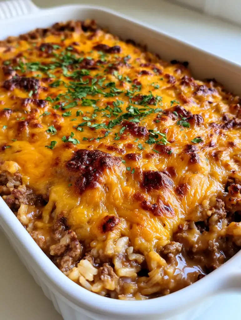 Overhead view of a cheesy Hamburger Rice Casserole with charred golden-brown spots and green parsley flakes.