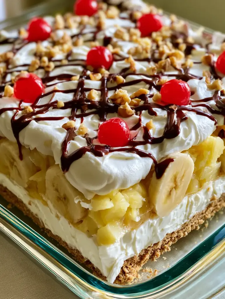 No-Bake Banana Split Cake: The Ultimate Layered Party Dessert 1 Side view through a glass dish showing distinct layers of graham cracker crust, cream cheese, bananas, and pineapple for No-Bake Banana Split Cake.