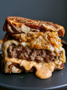 Close-up of a seared beef patty with drooping Swiss cheese and secret sauce for the Patty Melt Recipe.