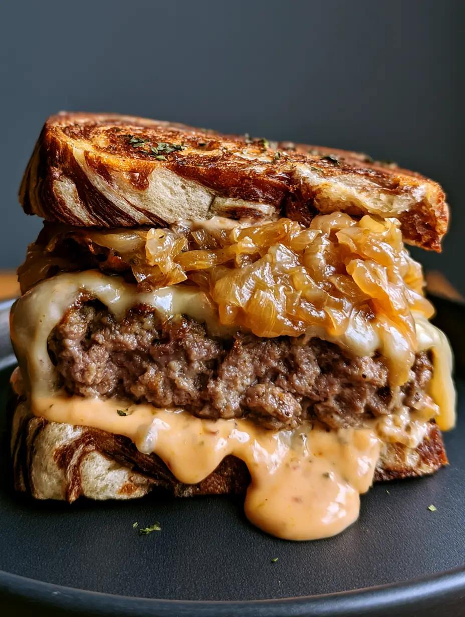 Patty Melt Recipe: The Ultimate Gourmet Diner Classic 3 Close-up of a seared beef patty with drooping Swiss cheese and secret sauce for the Patty Melt Recipe.