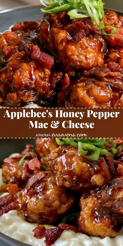 A top-down view of Applebee’s Honey Pepper Chicken Mac and Cheese featuring glazed chicken and bacon in a grey bowl.